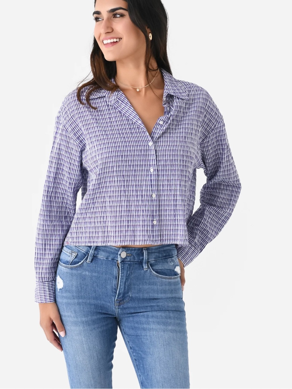 XiRENA Dawson Women’s Lavender Plaid Button-Front Cropped Shirt